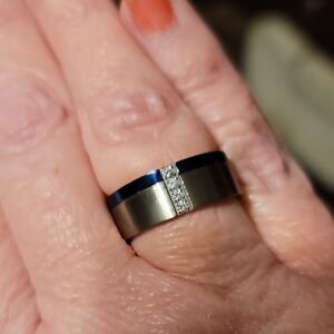 Tungsten Carbide Silver and Blue Band Ring with Crystals